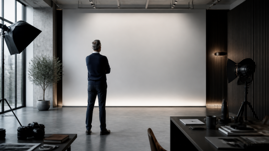 Marketingansvarlig foran en tom kampagneflade i et professionelt studie