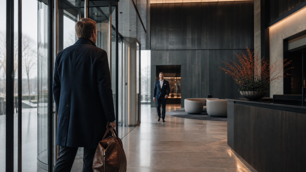 Forretningsperson ankommer til en eksklusiv virksomhedsreception