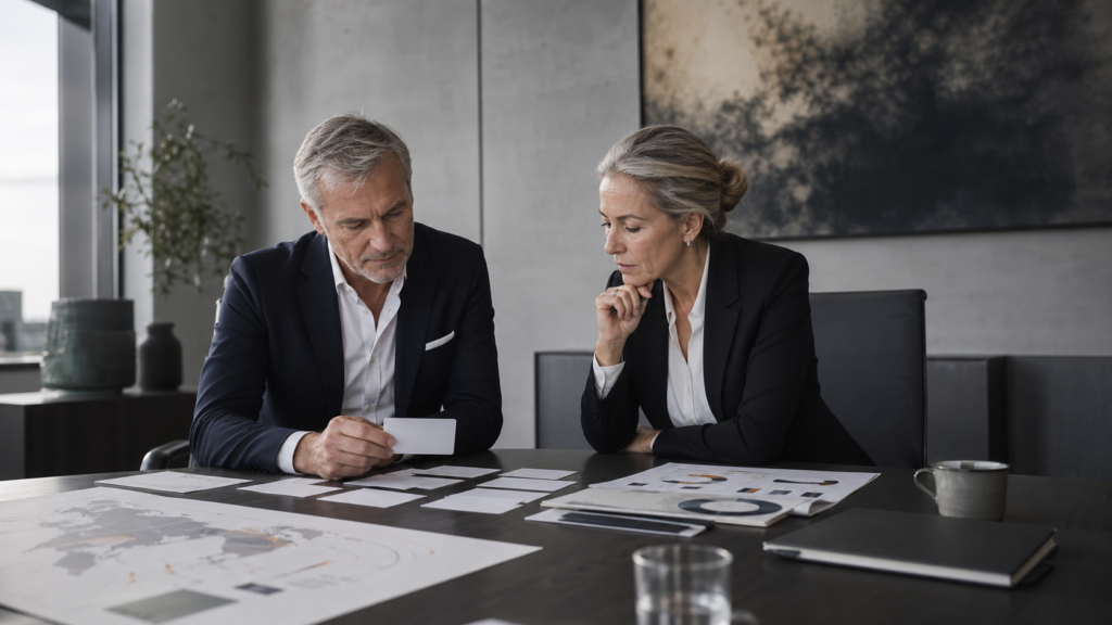 To rådgivere analyserer navnekandidater og markedsdata